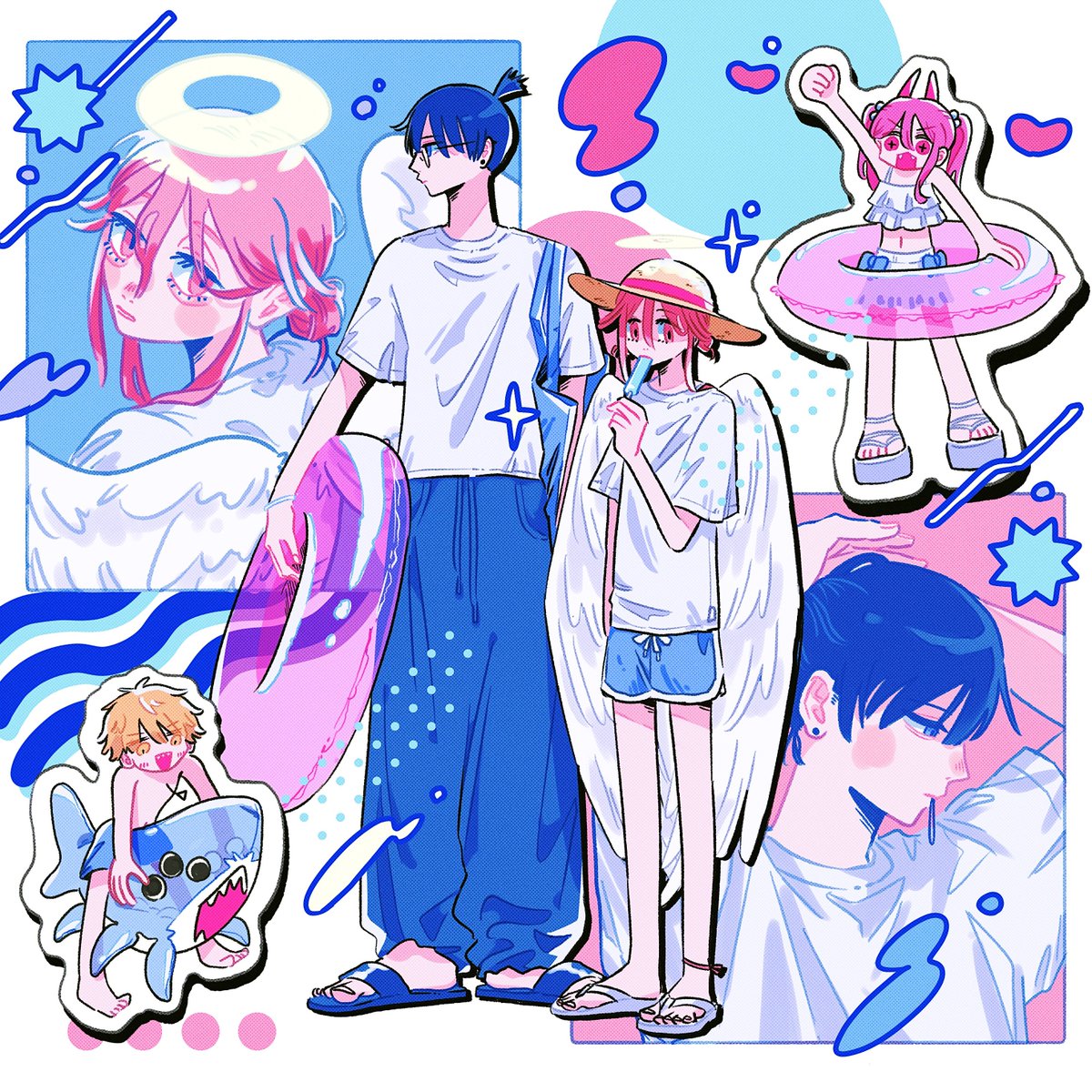 kumanooppo's tweet photo. 夏っぽいアキ天たちのらくがきです https://t.co/NglnZq8tW6