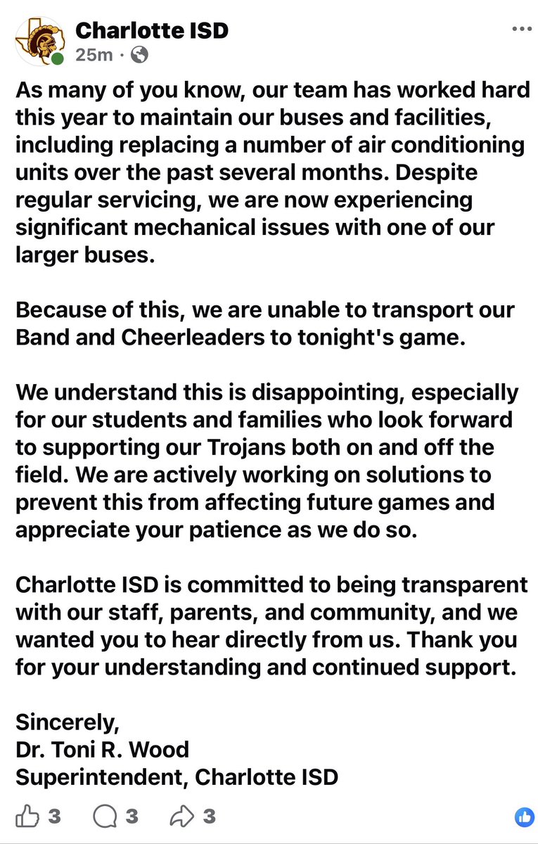 SouthTejas1984's tweet photo. Today is the kickoff for Texas high school football and I couldn’t let this happen.

I made a quick phone call to Dr. A who worked with our transportation team.

Charlotte ISD will have their band and cheerleaders at their game today. Courtesy of Natalia ISD.

#LendAHand https://t.co/iToZZBJM9t