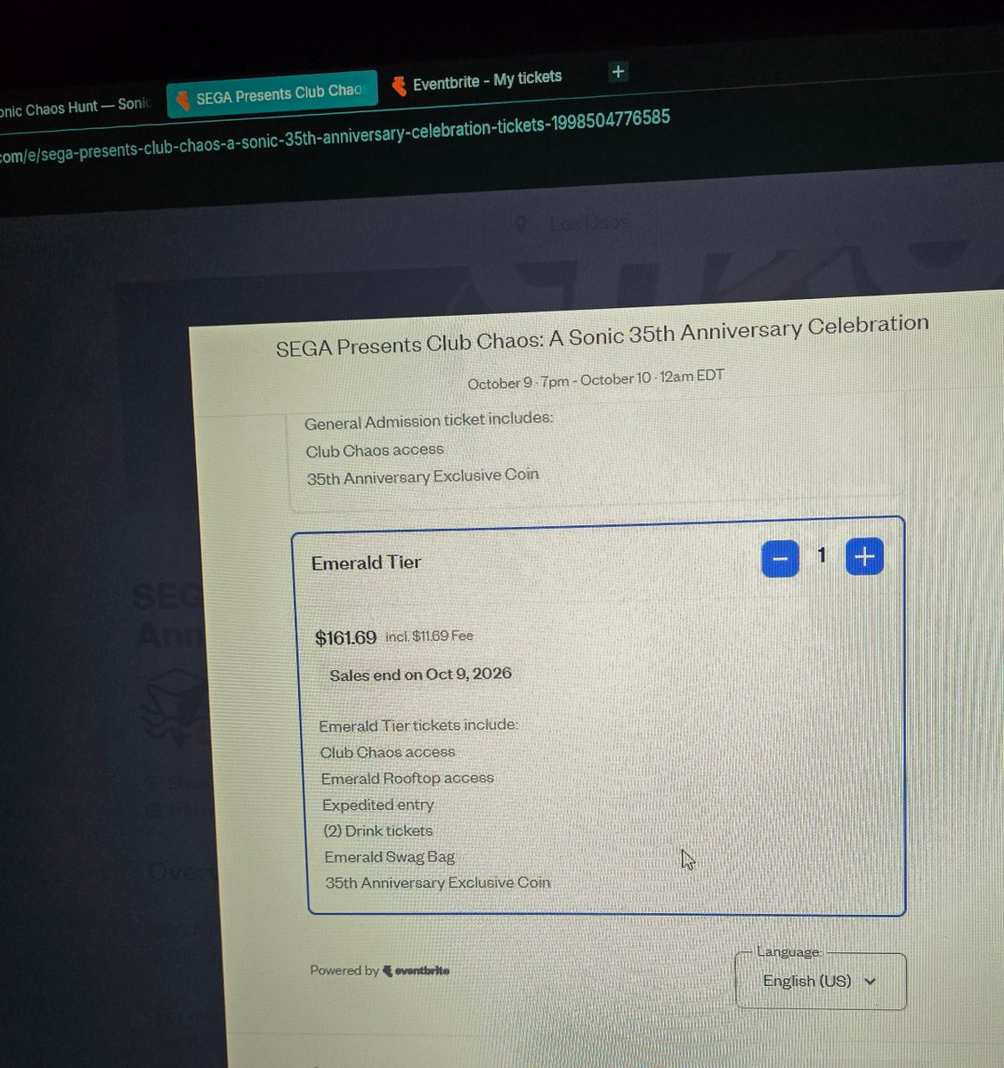 MangoYtl's tweet photo. @sonic_hedgehog  Legit was stalking the page for Chaos Club tickets to go live, got a ticket in my cart, AND IT WOULDN'T LET ME BUY IT!! My 13th reason ngl 😭✌🏽#sonicthehedgehog #clubchaosㅤ https://t.co/BmWcBRjrWZ