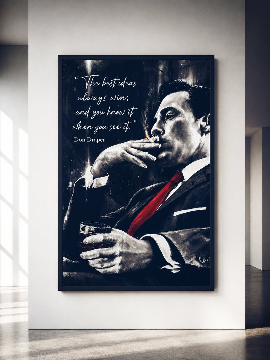 WinchWizzart's tweet photo. the verdict
a man mid-decision, glass in one hand, cigarette in the other, weighing a room he already knows the answer to. the red tie is the only warmth in the frame, drawn like a blade of conviction through all that grey.
he stopped listening before the third slide. 
one of one https://t.co/BfwcAfCzk8