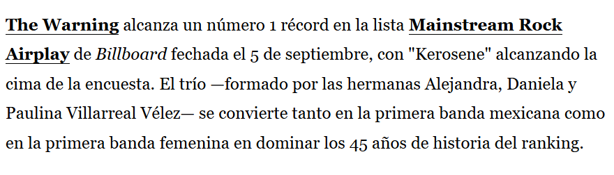 TheWarningNews's tweet photo. The Warning se convierte en la primer banda mexicana como primer banda femenina en alcanzar el #1 en la lista de Mainstream Rock Airplay en los 45 años de existencia del ranking

¡Muchas felicidades! @TheWarningBand2 https://t.co/HZ1JyFgda9