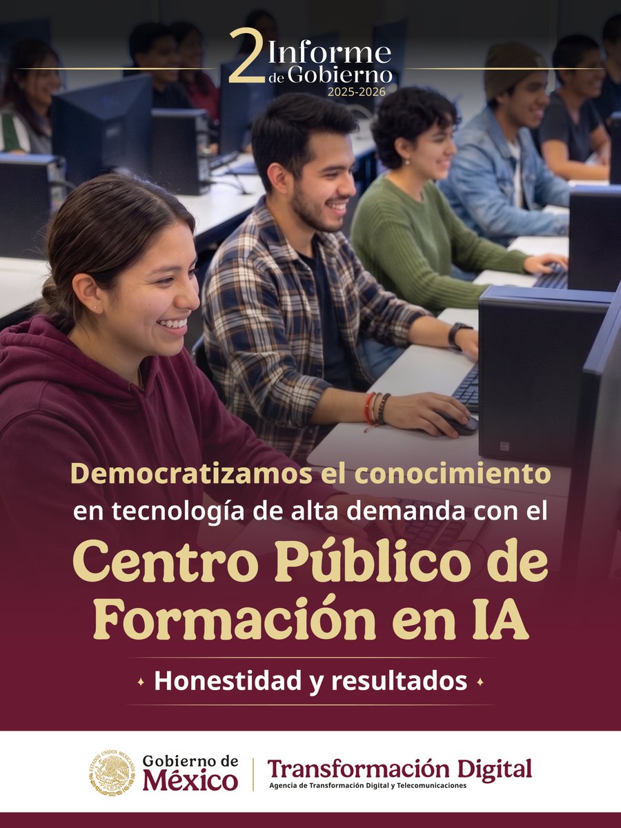 AgenciaGobMX's tweet photo. La educación es el corazón de la transformación. 

Lanzamos el Centro Público de Formación en IA más grande de la región con un programa gratuito de entrenamiento acelerado para impulsar al talento mexicano en las áreas de tecnología con mayor demanda.

Más personas con habilidades tecnológicas significa más oportunidades de desarrollo profesional y bienestar.

#HonestidadYResultados
#2InformeDeGobierno
