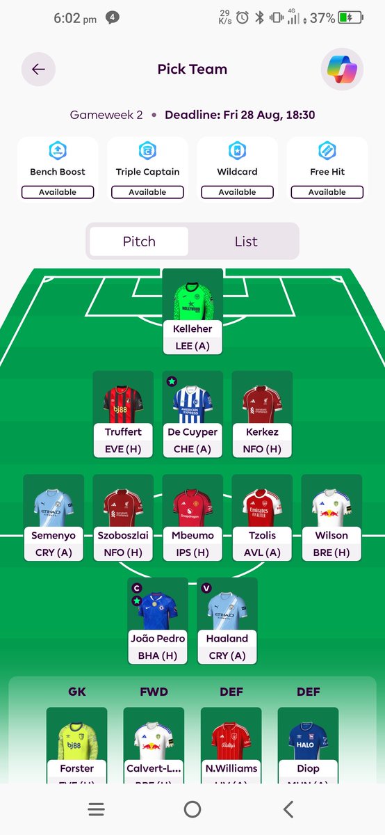 TeeMacKuz's tweet photo. The @OfficialFPL continues this week with some interesting matchups.

I have kept the same formation ftom last week but made a change this week, sold Muñoz for De Cuyper. He plays further forward &amp; with Hinshelwood injured, I’m expecting him to get minutes in that advanced role https://t.co/Zvmy3dzBSU