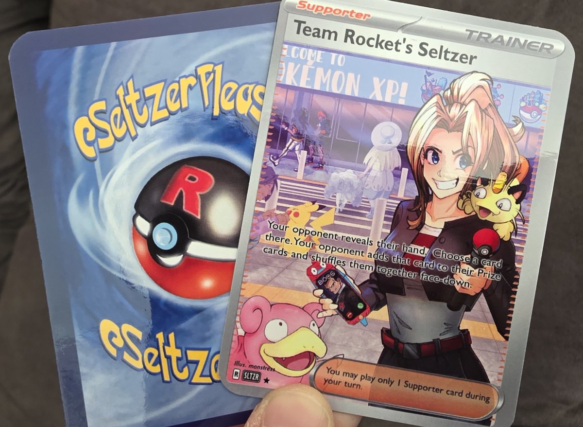 picture of custom trading cards with "Team Rocket Seltzer" custom art and a Rocket Pokéball on the back