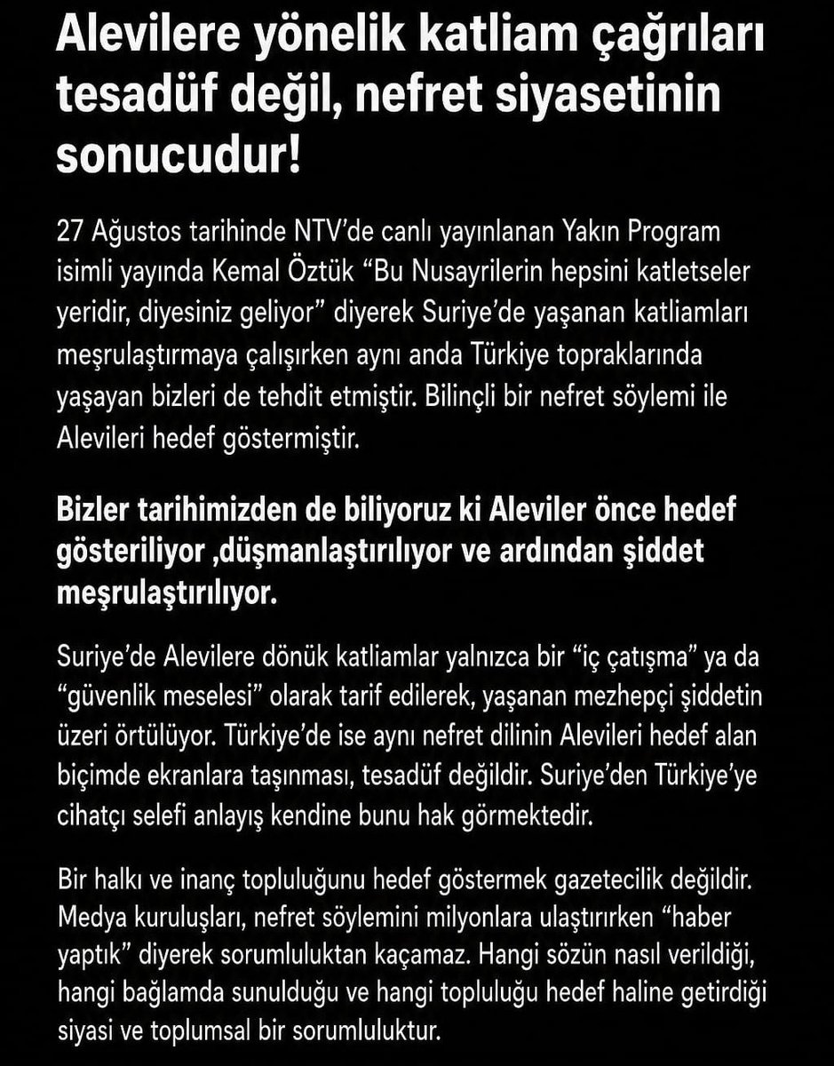 demokratiskndrn's tweet photo. NEFRET SÖYLEMİNE TEPKİ 
NTV'nin 27 Ağustos 26 günkü canlı yayınında Kemal Öztürk'ün"Bu Nusayrilerin hepsini katletseler yeridir diyeceğimiz geliyor"nefret söylemi haklı tepkilere neden oldu. DEM soruşturma açılmasını isterken,Alevi Meclisleri aşağıdaki açıklama ile tepki gösterdi https://t.co/7y3LWRtuQc