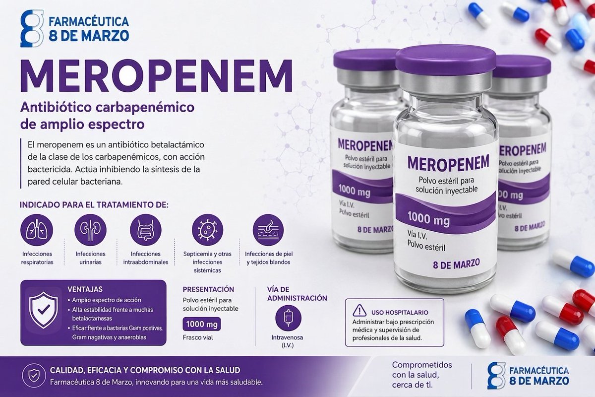 Farmaceutica8M's tweet photo. El  meropenem 1000 mg es un antibiótico betalactámico de amplio espectro  perteneciente al grupo de los carbapenémicos, se fabrica en las  instalaciones de Farmacéutica 8 de Marzo. https://t.co/K1VKkrdzl5