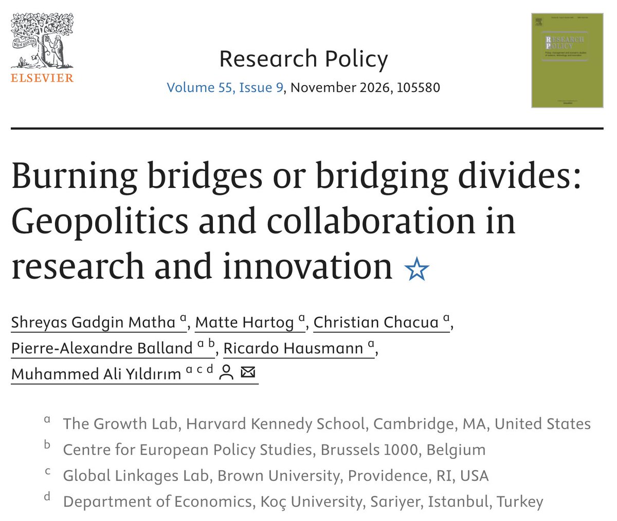 pa_balland's tweet photo. Does geopolitics affect international R&I collaboration? 

Lovely to see our new paper out today in Research Policy. The question is particularly relevant in today’s geopolitical context, as countries increasingly debate how much to protect strategic technologies - and how open their international research and innovation networks should remain. 

We looked at more than two decades of global research and innovation networks to understand what happens when countries drift apart geopolitically. Three important findings: 

(1) When geopolitical relations deteriorate, scientific collaboration quickly declines. 

(2) Scientific bridges are hard to build, but easy to burn. Collaboration are much more sensitive to worsening geopolitical ties than to equivalent improvements. 

(3) And perhaps most importantly, critical technologies are much more internationally collaborative than other technologies - but also much more sensitive to geopolitical tensions. 

This creates an important tension: the technologies countries increasingly want sovereignty over are often precisely those built through the deepest international knowledge networks. 

This has major implications for both technological progress and the global governance of critical technologies. 

There is some good news too! Despite all the geopolitical turbulence of recent years, the global research system has so far proved remarkably resilient. But that resilience should not be taken for granted. 

Shout out to an amazing team of colleagues from the @HarvardGrwthLab: @shreyasgm, Matté Hartog, @chchacua, @ricardo_hausman and Muhammed Ali Yildirim.