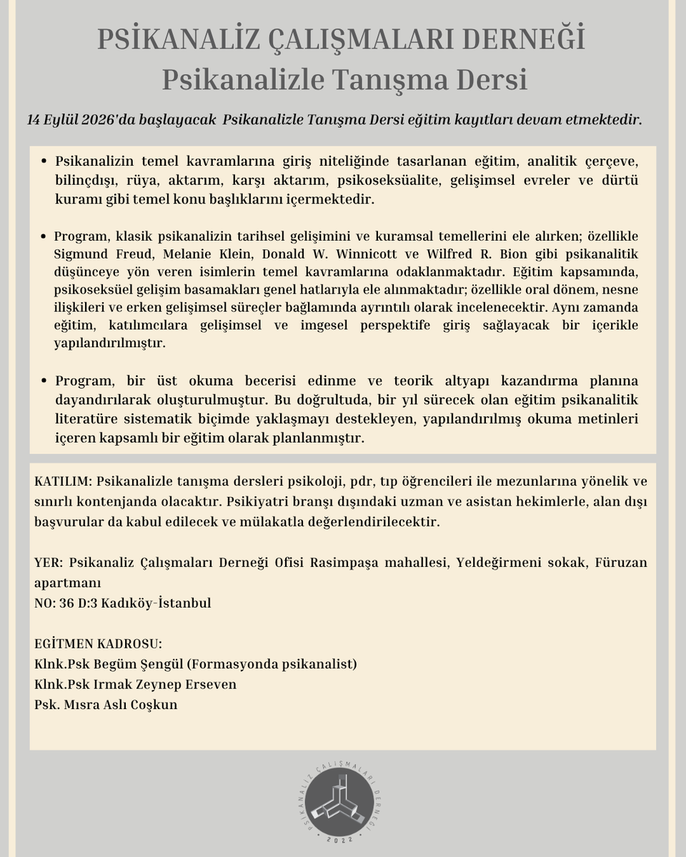 psikacalismalar's tweet photo. Psikanalizle Tanışma Dersi kayıtları devam etmektedir.  

Kayıt için, aşağıdaki link üzerinden başvuru formunu indirebilirsiniz ve başvurunuzu "info@psikanalizcalismalaridernegi.com" e-posta adresine iletebilirsiniz. https://t.co/UpezcDqADq