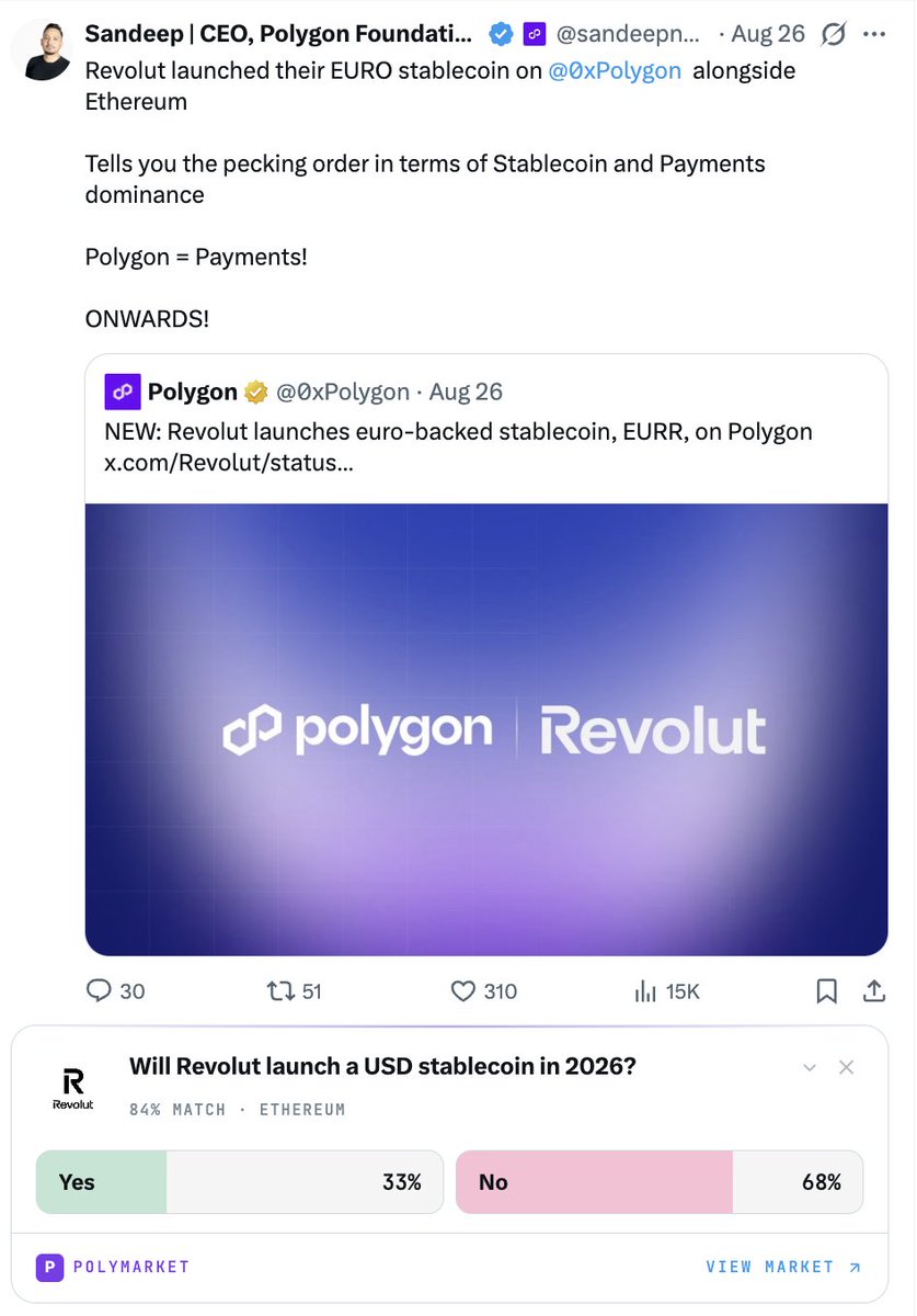 Knoww_App's tweet photo. @sandeepnailwal @0xPolygon Had to test https://t.co/kXBJtnx699 on this one 👀

Your Revolut x Polygon post → relevant prediction market, right underneath it.

We’re trying to make prediction markets contextual instead of something you have to go looking for.

Would love your feedback, Sandeep https://t.co/0ARJK79rBg