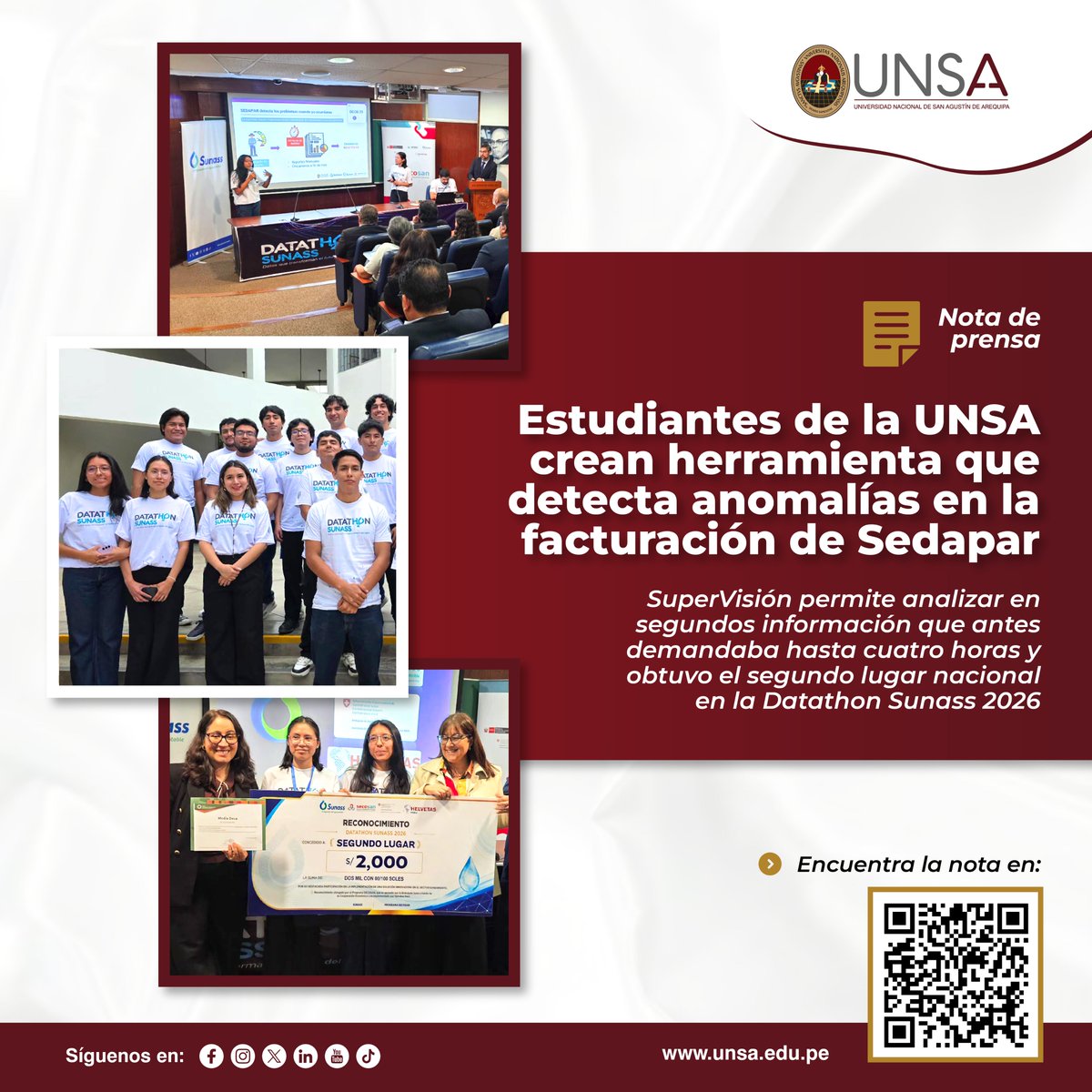 UNSA_Oficial's tweet photo. 📣 Las estudiantes de la #UNSA, María Solange Ezcurra Paima y Paola Cristina Marroquín, desarrollaron proyecto para identificar en pocos segundos posibles anomalías en la facturación de los usuarios de Sedapar.
👉 https://t.co/jM7DHKtjzy https://t.co/ceVat8Oys5