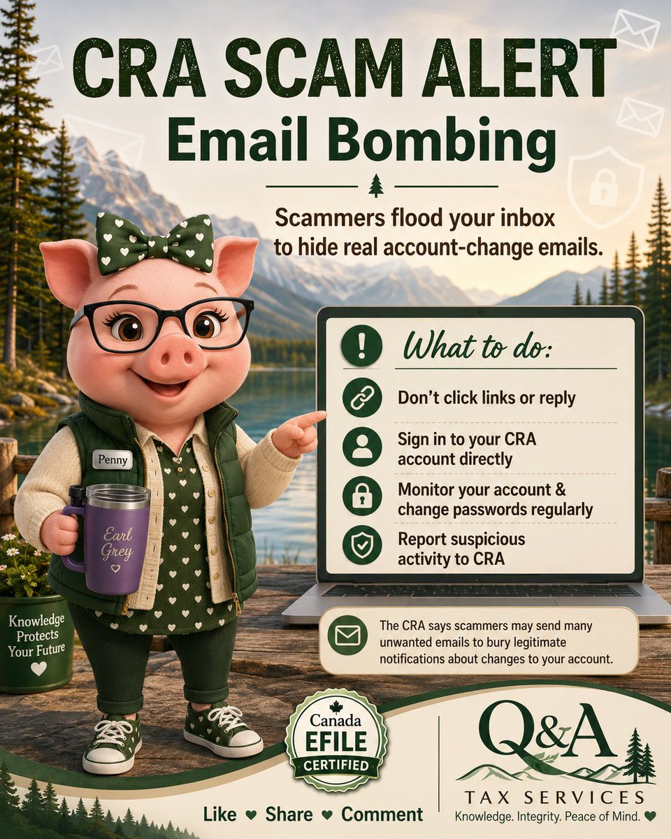 QandATax's tweet photo. 🍁 CRA SCAM ALERT: Email Bombing 🔐

Have you heard of email bombing?

This is when scammers may get access to part of your account information, make changes, and then flood your inbox with lots of unwanted emails so that you miss the real CRA account-change notifications.

What should you do?

✅ Do not click links or reply to the unwanted emails
✅ Sign in to your CRA account directly instead of using links in emails
✅ Monitor your account and change your passwords regularly
✅ Report suspicious activity to CRA if something does not look right
A good reminder: the CRA does not send emails asking you to reply with personal or financial information, and CRA emails should not ask you to click a link to enter that information.
🌲 Q&A Tax Services can help you stay alert to common CRA scams and better understand what is real and what is not.
🍁 https://t.co/t77OBo3Gir

💬 Have you seen suspicious CRA emails lately? Let us know in the comments so more people can stay aware. 💚

Helping you keep more of what you earn—one tax tip at a time.

#CRAScamAlert #EmailBombing #CRAScams #ScamAwareness #FraudPrevention #CyberSafety #TaxTipsCanada #QandATaxServices #Like #Share #Comment
