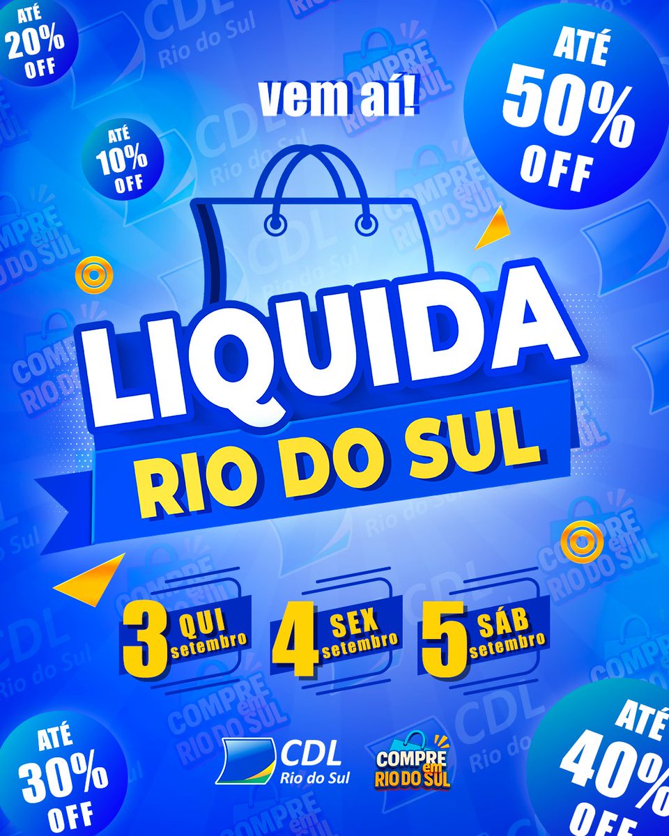 CDLRiodoSul's tweet photo. 🛍️Faltam apenas 4 dias para o Liquida Rio do Sul!📢
Descontos de ate 80% em peças selecionadas nas lojas participantes da campanha!!! 😱

#Liquidariodosul #comerciolocal #cdlriodosul https://t.co/LvOwwOyHbJ