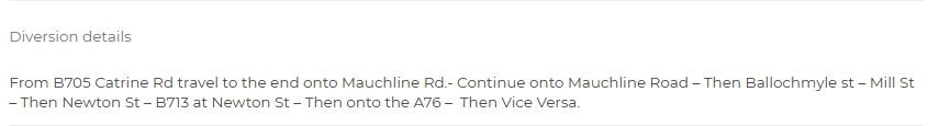 trafficscotland's tweet photo. @SWTrunkRoads ❗️UPDATE ⌚️18:53
🗺️#A76 Mauchline
⛔️The #A76 remains ⛔️CLOSED IN BOTH DIRECTIONS⛔️ due to a road traffic collision.
➡️A local diversion is in place, see below for details 👇
🚗Drivers should use caution on approach and expect delays.
#PlanAhead at https://t.co/guU3RElWie https://t.co/J61RmyjNZs