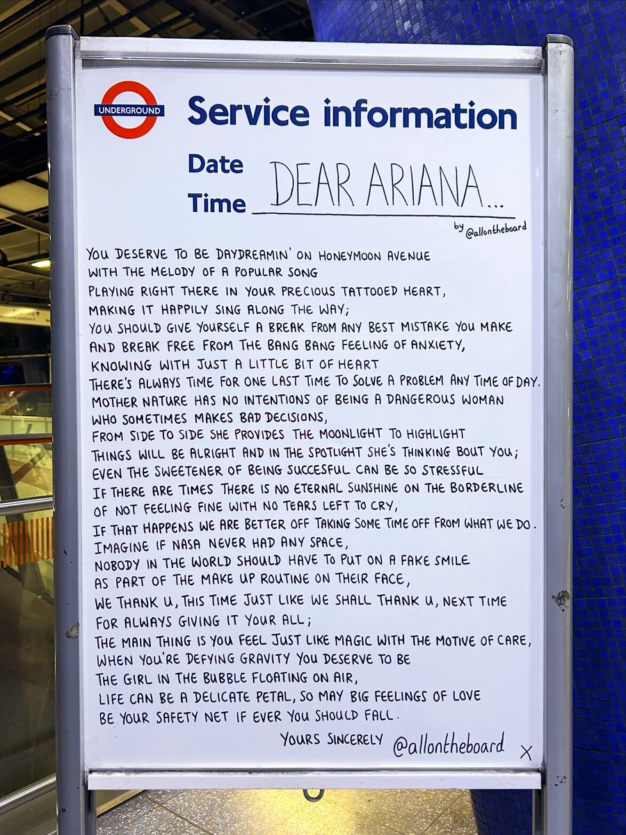 allontheboard's tweet photo. Dear Ariana, we hope you enjoy your break after your final concert of The Eternal Sunshine tour at The O2 in London on Tuesday 1st September. You deserve it. We shall be waiting for you when you’re ready to return. 

#ArianaGrande https://t.co/HMZSozbDk9