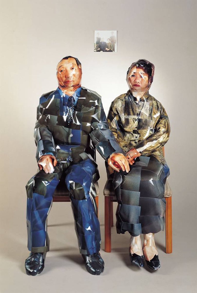 hollycurates's tweet photo. sculptures by Gwon Osang, from his Deodorant Type series. ‘deodorant’ as in masking one thing with another (like deodorant covering one smell with another), and ‘type’ as in an old photographic process. the method is basically taking photographs of a person from different angles and piecing them back together into a 3D version of them. so the simulacra-ish logic is: you’re looking at a sculpture made out of images, pretending to be the thing while being a copy built from copies of the original.

1/ Red Sun, 2005-2006
2/ Pieta, 2007
3/ A Family Photo of 440 Pieces Composed of Tenacity, 1998-1999
4/ Red, 2008