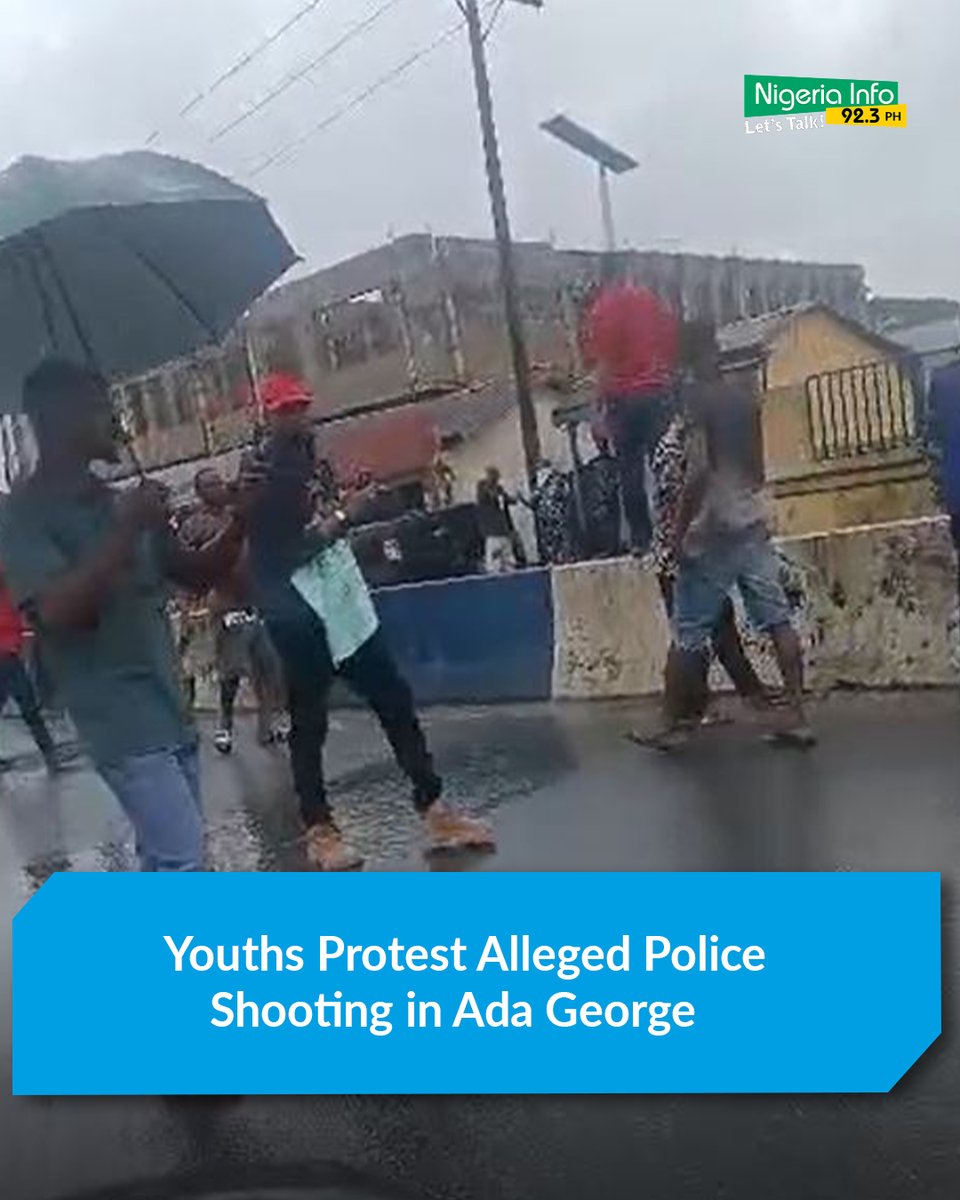 NigeriaInfoPH's tweet photo. Youths protested in Agip Junction/Ada George, Port Harcourt, demanding justice over the alleged shooting of a driver by a police officer.

The driver reportedly crashed into three people after being shot. Rivers Police has yet to comment on the incident.

#NigeriaInfoFM https://t.co/h6Fu34eAoT