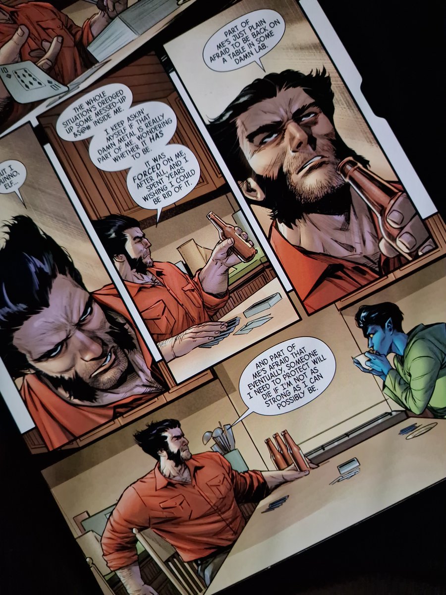 theComicsGReek's tweet photo. I quite like that Ahmed is having Logan have these thoughts about adamantium, BUT this is right after Krakoa where he was getting adamantium reinserted almost weekly. It was crass of the Krakoa era to not pose these questions, and its odd now to not acknowledge Krakoa in this https://t.co/m1o1mcFyB1