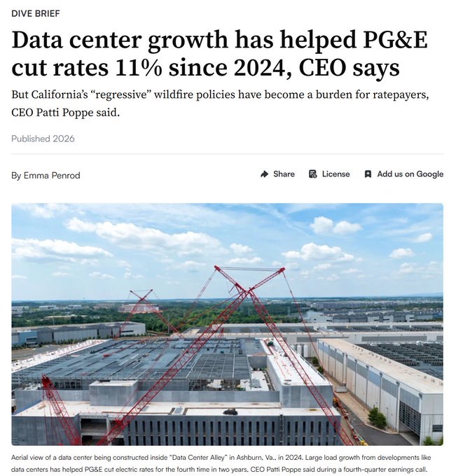 JEBistline's tweet photo. This week in “data centers raise your bill:”
- Georgia Power: Residential savings go from $102/yr to $180/yr by 2029
- PG&amp;E: 4th rate cut in 2 years, down 11% since 2024
- Indiana Michigan asks regulators for a rate reduction

All cite data center growth as the reason. https://t.co/DbjPsqlupu