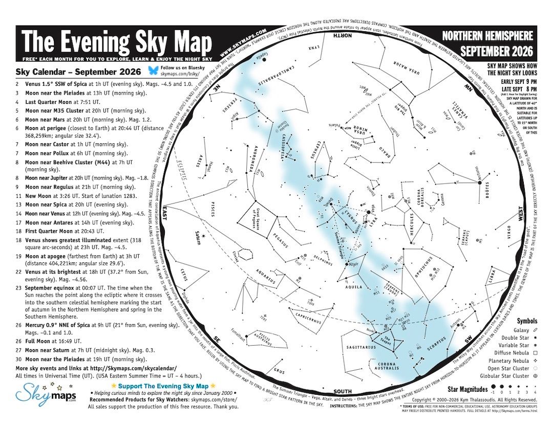 skymaps's tweet photo. 💫  The September 2026 edition of The Evening Sky Map (PDF) is now available for download at https://t.co/rRufh0ciyp. It features easy-to-use sky maps for the northern &amp; southern hemispheres and equatorial regions. Enjoy exploring the night sky! 🔭
#stargazing #space #nightsky https://t.co/sSkfzyIRV7