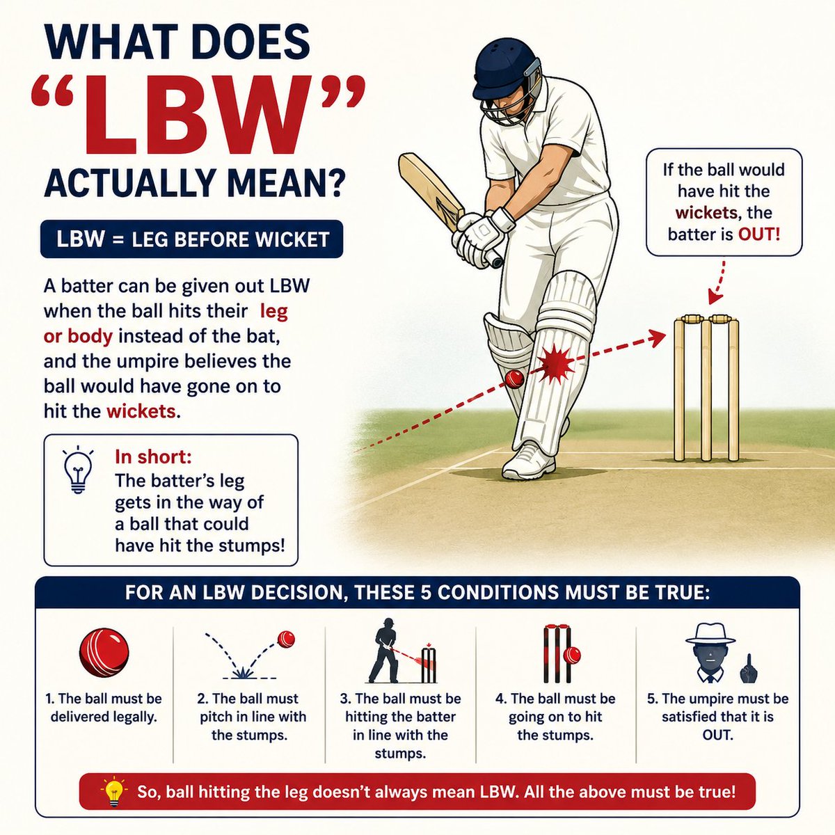 JayaniMedia's tweet photo. 🏏 What Does “LBW” Actually Mean?

LBW stands for Leg Before Wicket.

In simple terms, a batter can be given out LBW when the ball hits their leg or body instead of the bat, and the umpire believes the ball would have gone on to hit the wickets. https://t.co/9bjknlKqKA