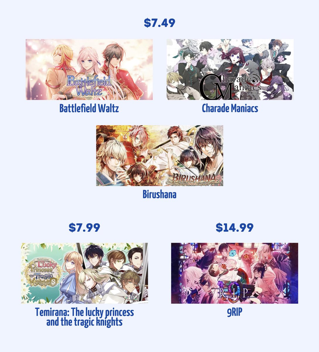 otomeaddicted's tweet photo. If you’ve ever wanted to try console otome games I’d say now is the time! ✨

These are on sale on the NA eshop and they’re a STEAL! 💕 https://t.co/pBfjddetkf