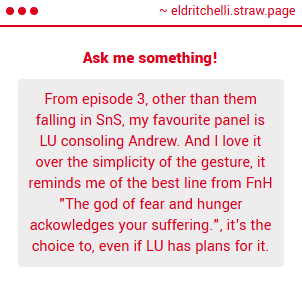 EliaEldrit53195's tweet photo. A part of me hopes that LU is not some manipulative sinister force and actually *does* want to make some sort of mutually beneficial deal with some care and no trickery simply because I just think this scene is so cute and impactful. Literally the only person who acknowledged- https://t.co/PZYofKHYpU