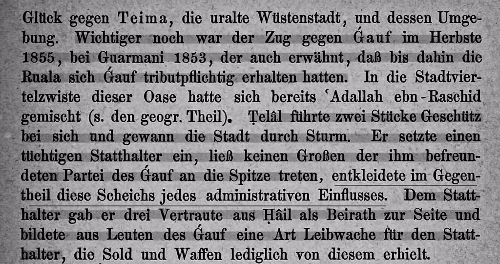 52waile's tweet photo. ورد في كتاب البيرشت زيمه 1875م نقلا من غورماني أن الروله كانوا ملزمين بدفع الإتاوة لحاكم الجوف المحلي وهو نص حتى لو افترضنا صحته وخلوه من أي خطأ نقل أو سهو لغوي فهو يتحدث صراحة عن الفترة التي كانت قبل استيلاء طلال بن رشيد على الجوف بسنتين أي حتى عام 1853م قبل استيلائه لعام 1855م https://t.co/plpMCR0B5o
