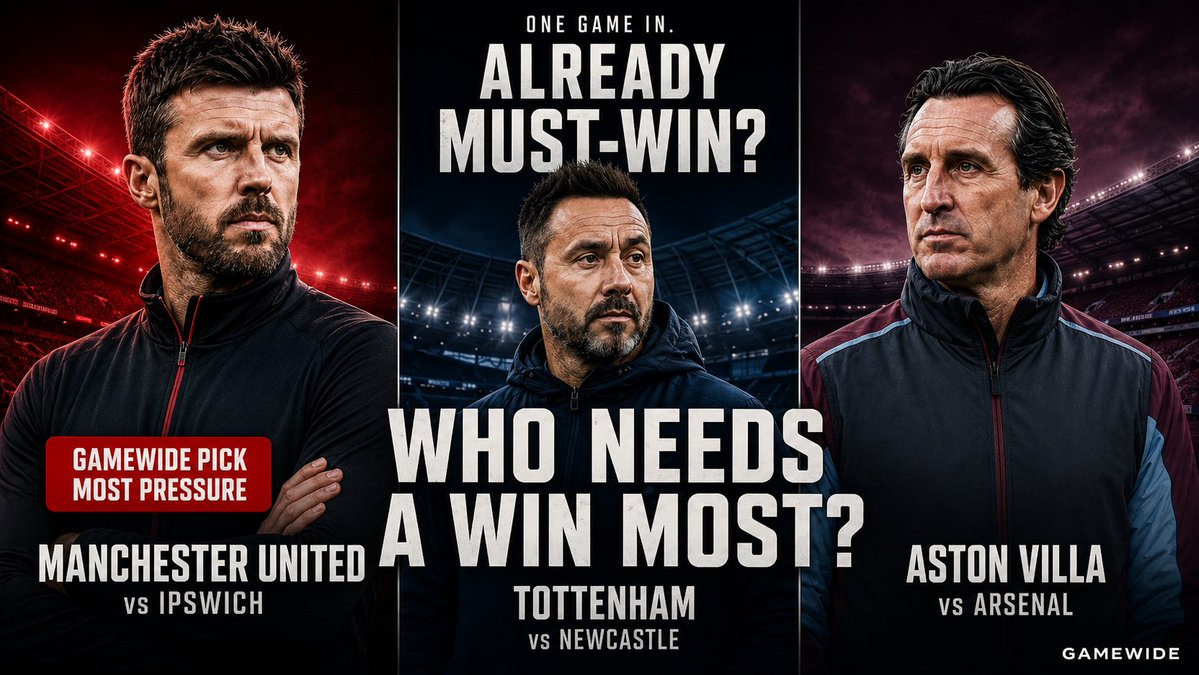 GamewideSports's tweet photo. ONE GAME IN.

ALREADY MUST-WIN?

Manchester United vs Ipswich
Tottenham vs Newcastle
Aston Villa vs Arsenal

It’s only Matchweek 2.

But another bad result changes the mood very quickly.

Which club is under the most pressure this weekend?

#PremierLeague #MUFC #THFC https://t.co/Szcu8377cv