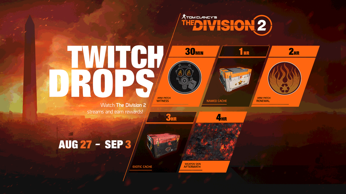 TheDivisionGame's tweet photo. The Red Horizon Twitch Drops are live! Claim exclusive rewards by watching The Division 2 partnered streams on Twitch, now through September 3.

Learn more ➡️ https://t.co/wqzDXiXq73 https://t.co/SzWKMD52xh