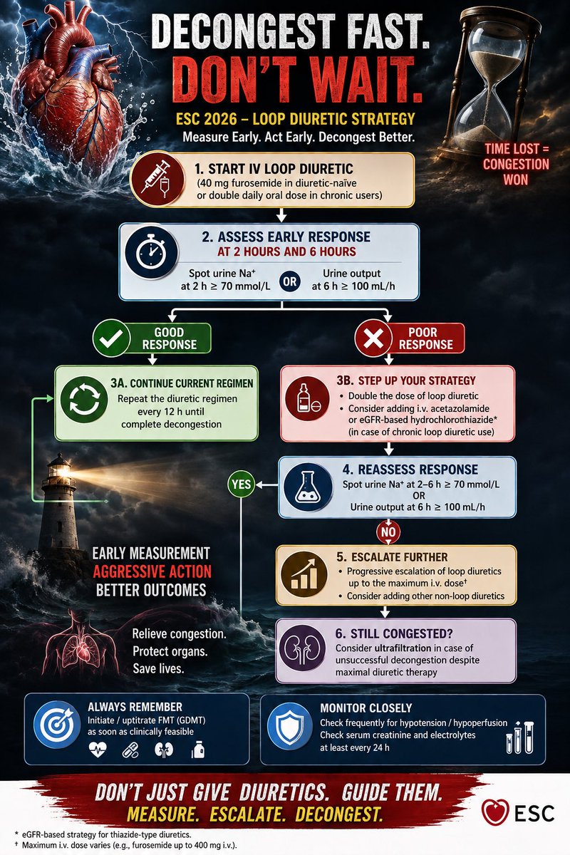 IhabFathiSulima's tweet photo. 🔥 ESC 2026: DECONGESTION IS NO LONGER “GIVE FUROSEMIDE & WAIT.”

In acute heart failure with congestion, the message is aggressive and measurable:

💉 Start IV loop diuretic
→ Furosemide 40 mg IV if diuretic-naïve, or roughly double the daily oral dose in chronic users.

⏱️ Then check the response EARLY:
Spot urine Na⁺ at 2 h ≥70 mmol/L
OR
Urine output at 6 h ≥100 mL/h

✅ Good response? Continue the regimen every 12 h until adequate decongestion.

🚨 Poor response? DON’T JUST WAIT.
→ Double the loop-diuretic dose
→ Consider sequential nephron blockade with IV acetazolamide or an eGFR-based hydrochlorothiazide strategy in chronic loop users
→ Reassess urine Na⁺/urine output
→ If still resistant, progressively escalate loop diuretics and consider other non-loop agents.

⚠️ Persistent congestion despite maximal therapy?
→ Consider ultrafiltration.

🫀 And throughout treatment: initiate/up-titrate foundational medical therapy, while closely watching BP, perfusion, creatinine and electrolytes.

The dramatic shift:
💥 Don’t judge decongestion tomorrow.
Measure the diuretic response within HOURS — and escalate when the kidneys aren’t responding.