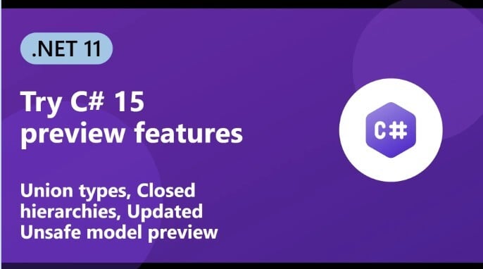 dotnetfdn's tweet photo. Explore new features available in C# 15 preview
C# 15 ships with .NET 11. It adds union types, closed hierarchies, a preview of the updated unsafe model, and a few smaller changes that remove everyday ceremony.

https://t.co/RRF24WFzeg #dotnet #csharp https://t.co/lc9QfYskSF