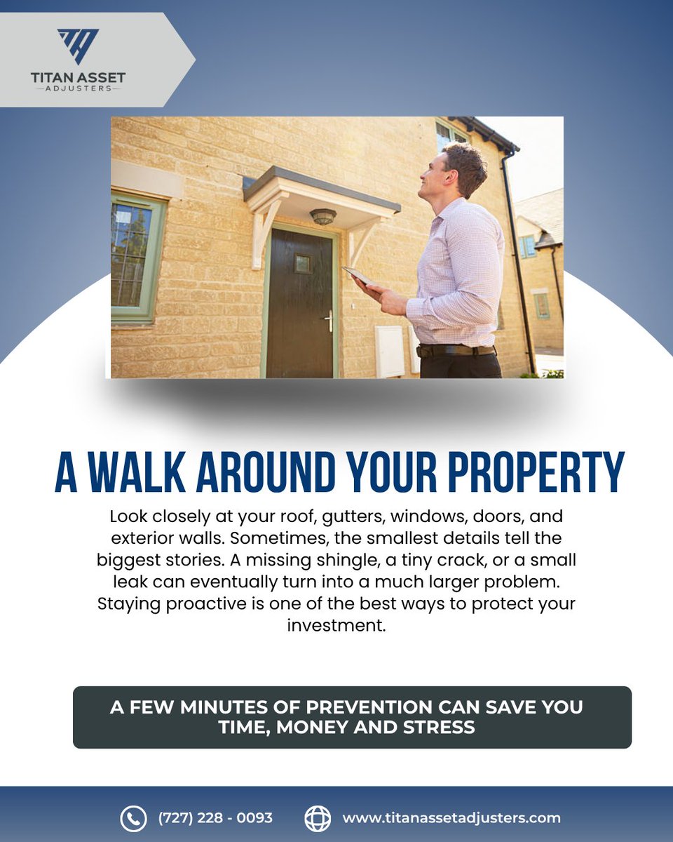 Titan_Asset's tweet photo. Take a walk around your property.

Check your roof, gutters, windows, doors &amp; exterior walls. A missing shingle, small crack or minor leak can be easy to overlook.

Catching problems early can save time, money &amp; stress.

📞 (727) 228 0093

#PropertyDamage #Homeowners https://t.co/U43LLl5UTO