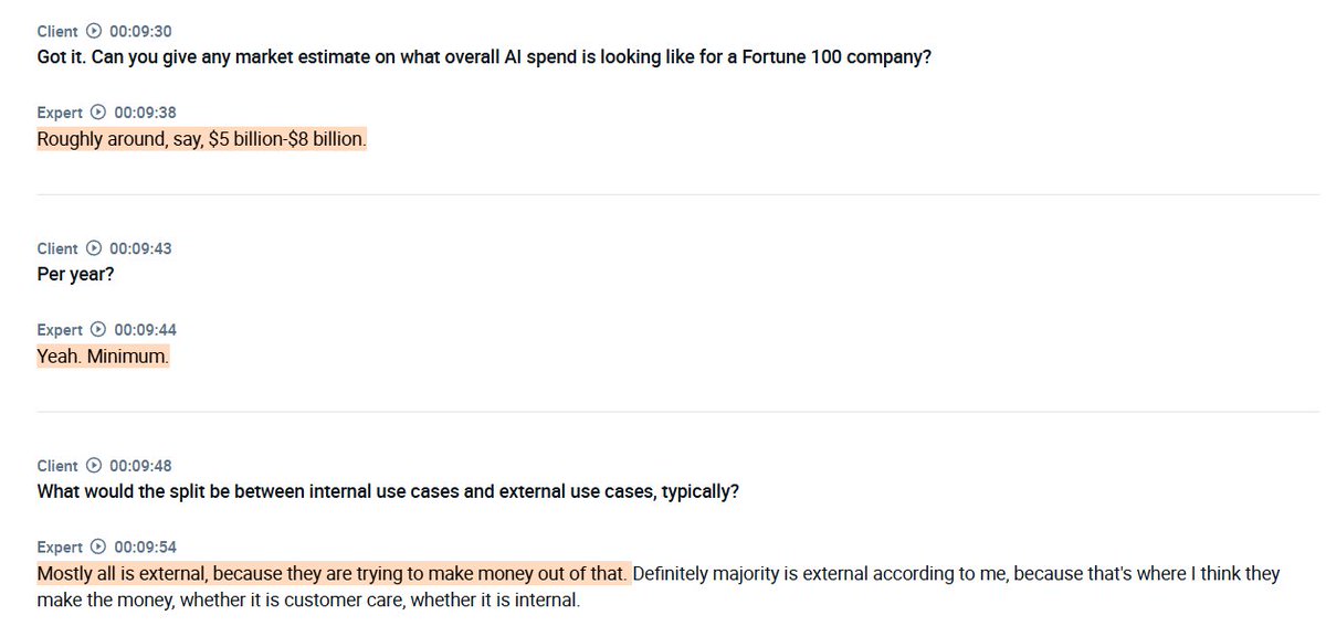 AlphaSenseInc's tweet photo. Interview with a $GOOGL employee on why enterprise AI spending is nowhere near its peak despite already growing rapidly ($MSFT):

- The expert describes a shift in how enterprise companies allocate their technology budgets, with traditional IT spend down from around 30% of overall revenue to roughly 20%, while AI now represents another 20% on top of that. Within AI spend, the expert confirms that around 60% goes to frontline and customer-facing initiatives, with the remainder split between IT and other internal uses.

- According to the expert, AI CapEx is growing at around 10-12% and now represents closer to 50% of overall technology revenue allocation, up from around 40%. The workforce side is also getting more expensive, with AI-first talent costing enterprises at least 5-7% more in salary as demand continues to outpace supply.

- The expert sees enterprise willingness to spend on AI as high across the board right now, with nobody questioning whether AI investment makes sense. Spend caps are increasing as a natural consequence of rising consumption, with the expert estimating an 8-10% increase in overall spend caps annually. For a large enterprise running around $100-150 billion in revenue, that translates to an IT budget in the range of $4-5 billion.

- The expert expects token spend to keep rising, driven by the shift toward inference-heavy workloads as more enterprises move past the training phase. While the per-token cost has come down, overall AI spend is going up because consumption is growing much faster than prices are falling. The expert estimates token consumption has already grown around 13-14x in the last six months and sees that reaching 24x over the next two years.