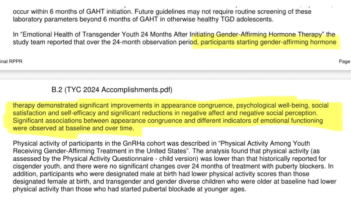 glitch998's tweet photo. Tbh after reading the study it surprisingly doesn’t seem that bad for puberty blockers? Or at least, given that the study initially went intentionally unpublished, I was expecting it to be way more egregious and be entirely negative towards the drug. 

But it surprisingly played both sides. Like, in addition to saying there was “no clinically significant improvement in mental health”, it also said there were improvements in other areas which makes me a little bit surprised Olsen-Kennedy was so against publishing it…
