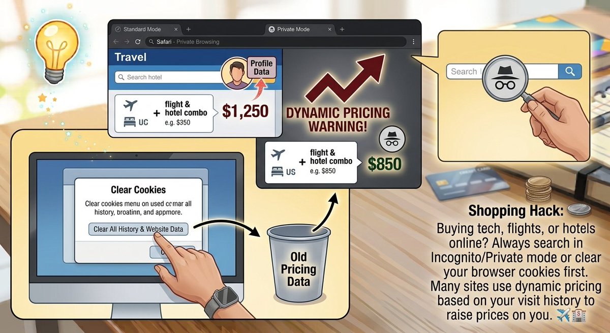 JimsanTips's tweet photo. 💡 Shopping Hack: Buying tech, flights, or hotels online?

Always search in Incognito/Private mode or clear your browser cookies first. Many sites use dynamic pricing based on your visit history to raise prices on you. ✈️💰

📌 Follow @JimsanTips for daily shortcuts! https://t.co/xIYRqoyGz7
