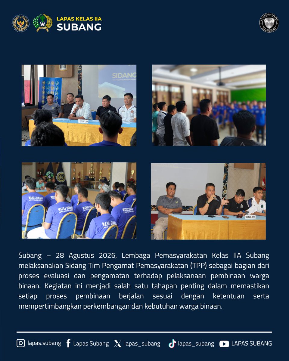 lapas_subang's tweet photo. 🎥 Sidang TPP: Ketika Keluarga Ikut Menyaksikan

Sidang Tim Pengamat Pemasyarakatan (TPP) menjadi salah satu tahapan penting dalam proses pembinaan dan pemenuhan hak warga binaan. Menariknya, keluarga turut hadir dan menyaksikan langsung proses persidangan. 👨‍👩‍👧‍👦 https://t.co/baQnfLsNJe