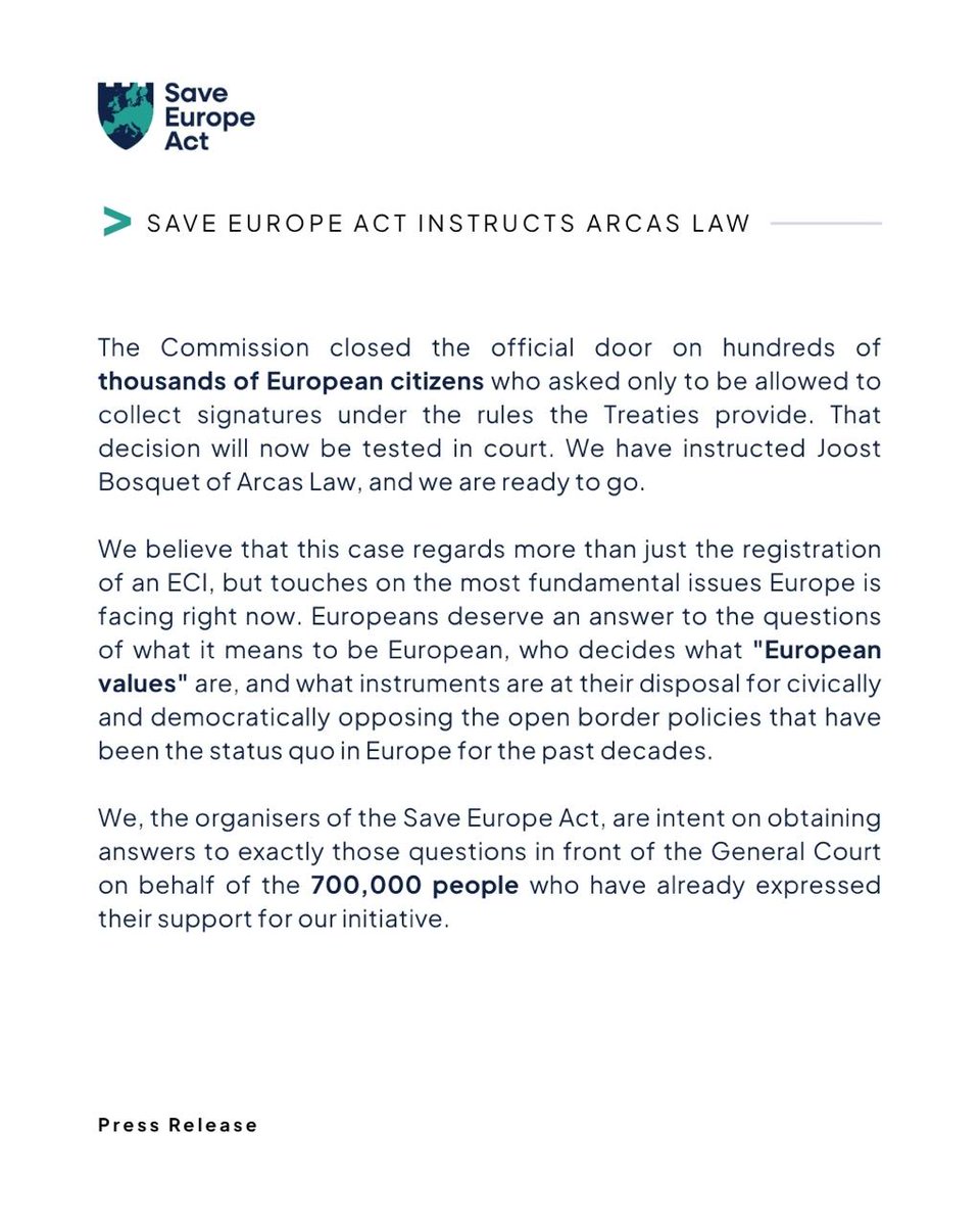 SaveEuropeAct's tweet photo. 🛡️The European Commission refused to register the @SaveEuropeAct , so we will be fighting them on it in court.

We have instructed Joost Bosquet, Partner at Arcas Law, to represent us before the General Court of the EU.

725,000+ supporters deserve answers. 
We are ready to go! https://t.co/ZTCdJbbRss