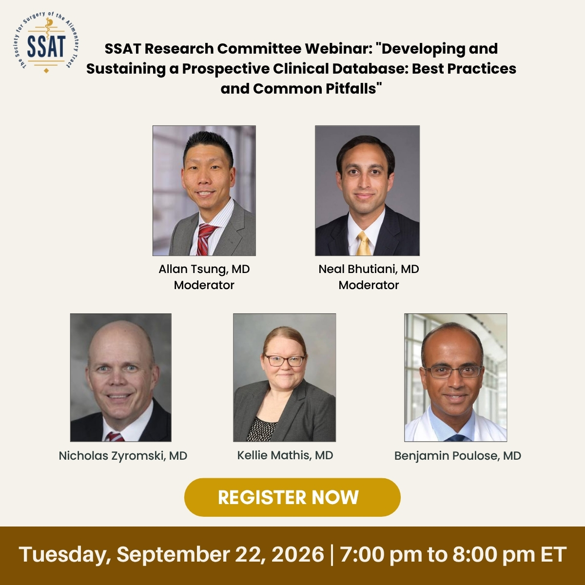 SSATNews's tweet photo. Join SSAT for an upcoming Research Committee Webinar, “Developing and Sustaining a Prospective Clinical Database: Best Practices and Common Pitfalls."

 Register today: https://t.co/zScBi0reP0

@MedicineUVA @UofLDeptofSurg @IUCancerCenter @BKP_Columbus @MayoClinicGIHep https://t.co/PilBZ44bQ0