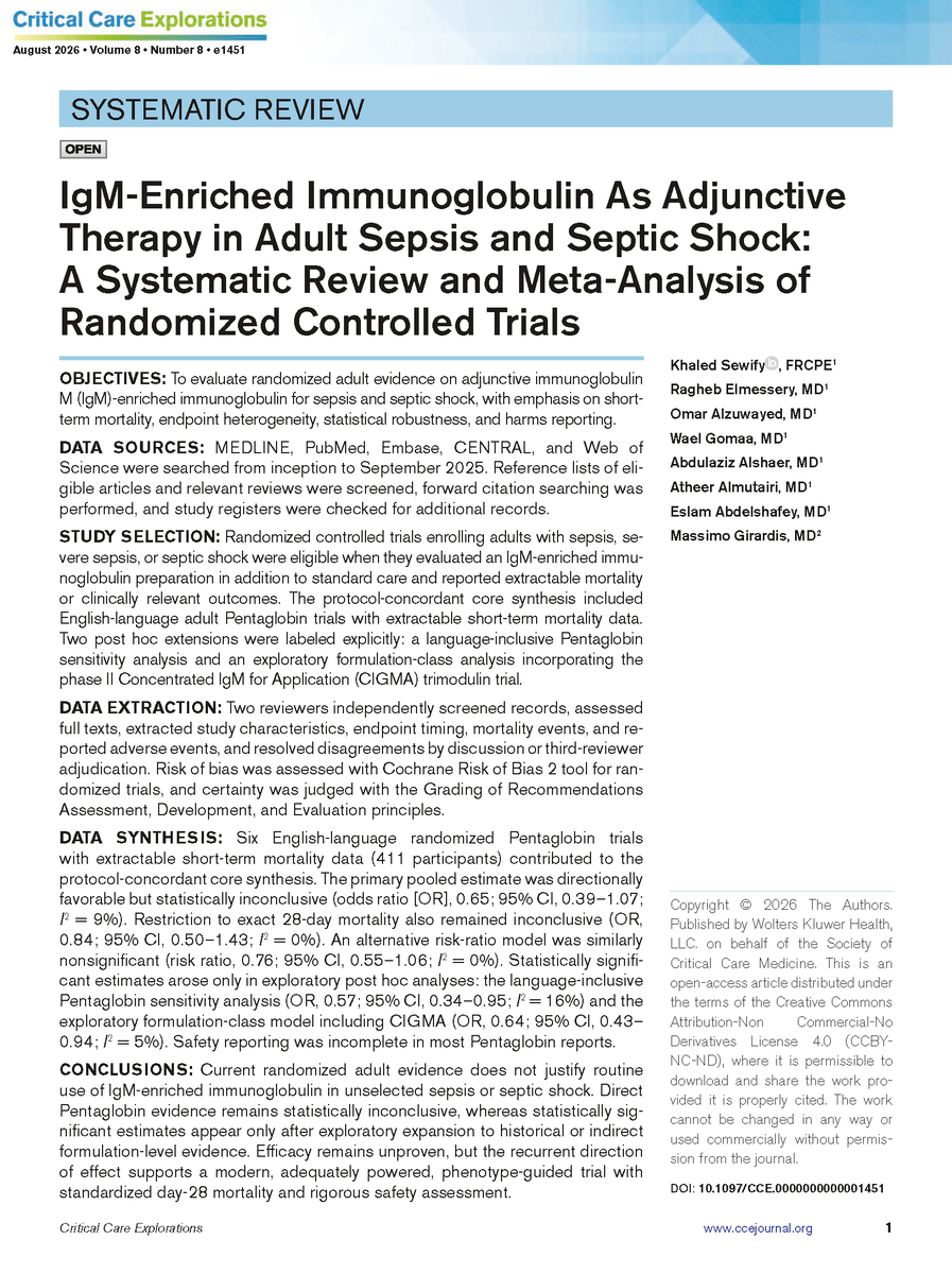 CritCareExplore's tweet photo. π Current randomized adult evidence does not justify routine use of IgM-enriched immunoglobulin in unselected sepsis or septic shock.
β
Read the complete #openaccess research in Critical Care Explorations: https://t.co/dJfegtok97
#CritCareExplore #SCCM @SCCM https://t.co/9xwa5k6emH