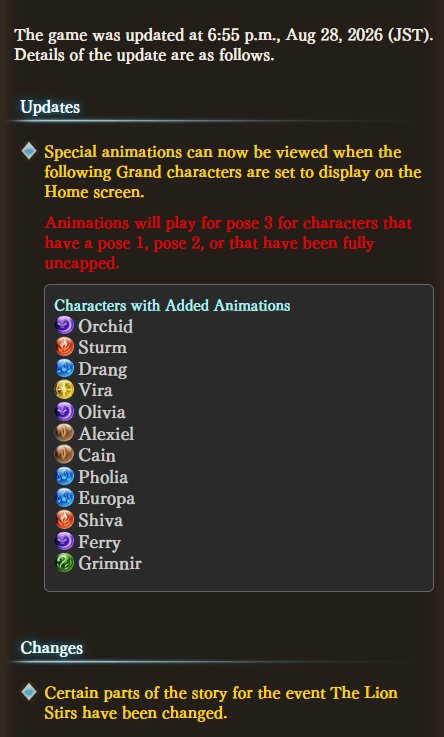 granblue_en's tweet photo. While we were sleeping:

Home screen animations are now available for the Grand versions of Orchid, Sturm, Drang, Vira, Olivia, Alexiel, Cain, Pholia, Europa, Shiva, Ferry, and Grimnir!

There is also a note about changes to The Lion Stirs. https://t.co/Ptgx0BnliP