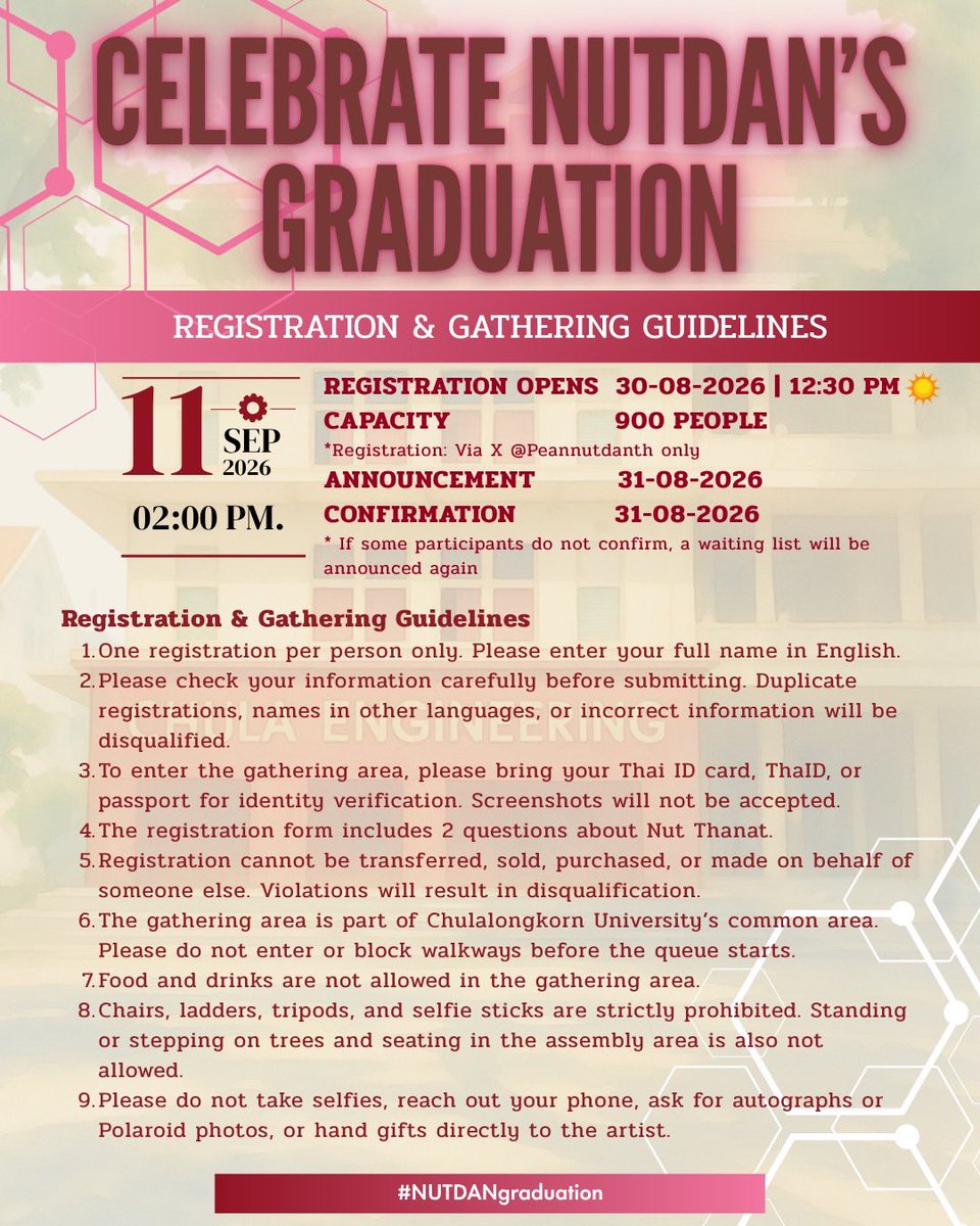 Peannutdanth's tweet photo. 𝐂𝐄𝐋𝐄𝐁𝐑𝐀𝐓𝐄 𝐍𝐔𝐓𝐃𝐀𝐍’𝐒 𝐆𝐑𝐀𝐃𝐔𝐀𝐓𝐈𝐎𝐍 🎓✨

✨รายละเอียดและเงื่อนไขการลงทะเบียนและรวมพล (Registration &amp; Gathering Guidelines) 🎓

#NUTDANgraduation 
#nnutdan 
#LYKN https://t.co/0PSOSdCpiV
