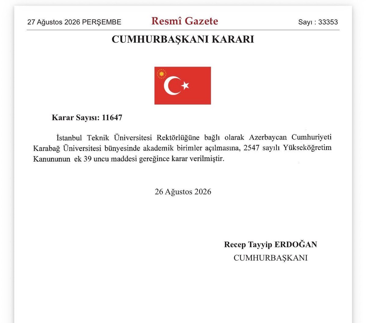 canturkalagoz's tweet photo. Cumhurbaşkanımızın Kararı doğrultusunda Karabağ’da eğitim alanında yeni bir dönem başlıyor. 🇹🇷🇦🇿

Resmî Gazete’de yayımlanan Cumhurbaşkanı Kararı ile İstanbul Teknik Üniversitesi Rektörlüğüne bağlı olarak Azerbaycan Cumhuriyeti Karabağ Üniversitesi bünyesinde akademik birimler açılmasına karar verildi.

Bu adımla Türkiye’nin bilimsel ve akademik birikiminin Karabağ’a aktarılması, bilim ve teknoloji alanındaki iş birliğinin güçlendirilmesi ve bölgeye nitelikli insan kaynağı kazandırılması hedefleniyor.

Lisans, yüksek lisans ve doktora düzeylerinde eğitim iş birliği, öğrenci ve öğretim üyesi değişimi, ortak araştırmalar ve mühendislik alanında ortak çalışmalar gerçekleştirilecek.

Cumhurbaşkanımız Sayın Recep Tayyip Erdoğan’ın Türk dünyası vizyonuyla, Türkiye-Azerbaycan kardeşliği bugün eğitimden bilime, teknolojiden kalkınmaya pek çok alanda somut neticelere dönüşüyor.

Yaşasın Azerbaycan-Türkiye kardeşliği, birliğimiz daim olsun! 🇹🇷🇦🇿