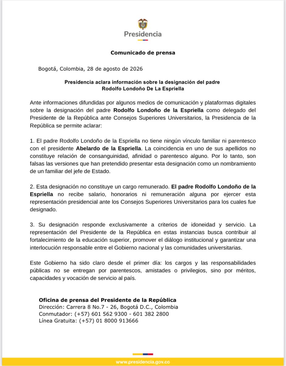 lafm's tweet photo. 🔵 La Presidencia aclaró que el padre Rodolfo Londoño de la Espriella no tiene ningún vínculo familiar ni parentesco con el presidente Abelardo de la Espriella y señaló que se trata únicamente de una coincidencia en uno de sus apellidos. https://t.co/dEGJN7TgC3