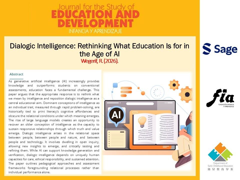 jsed_infancia's tweet photo. "Dialogic Intelligence: Rethinking What Education Is for in the Age of AI"

https://t.co/J4ZHzmwwuq

By Rupert Wegerif

#dialogic_education
#teaching_thinking
#intelligence
#generative_AI
#educational_theory https://t.co/xg1nGrB2ec
