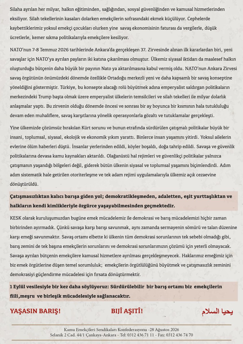 KESK1995's tweet photo. #1EylülDünyaBarışGünü bildirimizi yayınladık👇🏼

https://t.co/TMGyFaunw2

YAŞASIN BARIŞ!
BIJÎ AŞITÎ!
يحيا السلام https://t.co/rpZgP38f2p