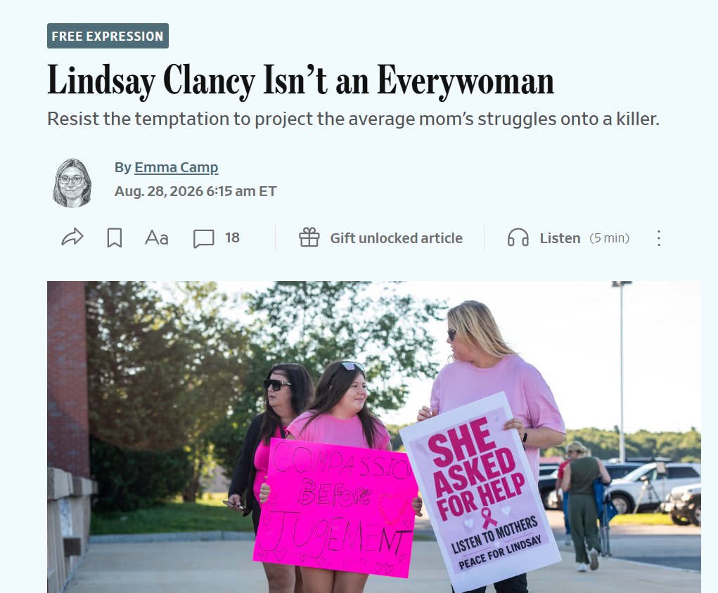 emmma_camp_'s tweet photo. Wrote about Lindsay Clancy for @WSJFreeEx 

Lindsay Clancy isn't an everywoman. Extreemely rare crimes like hers don't reflect on our broader culture. https://t.co/0SMlsnIGS0