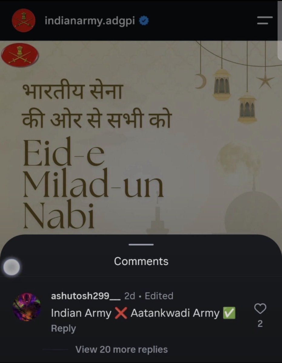 Sarcaztick's tweet photo. Ashutosh is calling the Indian Army “aatankwadi” for wishing people on Eid-e-Milad-un-Nabi.

They have no ideology beyond Islamophobia. 

In their hatred of Muslims, they can stoop to any low and even become anti-national. https://t.co/zH4lUrYXkL