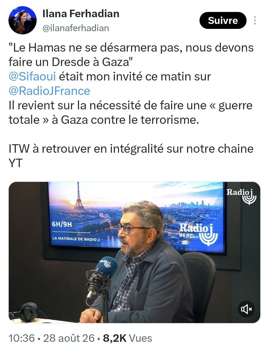 NicolasLeCorvec's tweet photo. On ne passe pas de « plus jamais ça » à « un Dresde à Gaza » par maladresse.

Les sionistes ont parlé d’« animaux humains », d’Amalek, de « cancer », d’« anéantissement total ». Quand un peuple devient une vermine, brûler sa ville redevient une option.

@Sifaoui apporte le précédent au micro de @ilanaferhadian : Dresde, 25 000 morts.

À Gaza, plus de 20 000 enfants ont déjà été tués. Presque un Dresde, rien que les enfants. Et il en réclame un autre !
Radio Netanyahou en fait la promo.

L’Histoire n’est plus là pour empêcher l’horreur. Elle sert à choisir la méthode.

« Plus jamais ça » sauf aux Palestiniens.

#israel #gaza #palestine #RadioJ #sifaoui