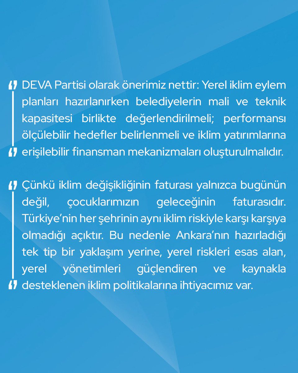 devapartisi's tweet photo. Zeynep Sudan: “İklim değişikliği artık yalnızca çevre politikalarının konusu değildir.

Şehirlerimizin su kaynaklarını, altyapısını, tarımını, ulaşımını ve vatandaşlarımızın günlük yaşamını doğrudan etkileyen bir ekonomik ve sosyal politika meselesidir.

Belediyelerin mali ve teknik kapasitesi güçlendirilmeli; ölçülebilir hedefler belirlenmeli ve iklim yatırımlarına erişilebilir finansman sağlanmalıdır.”