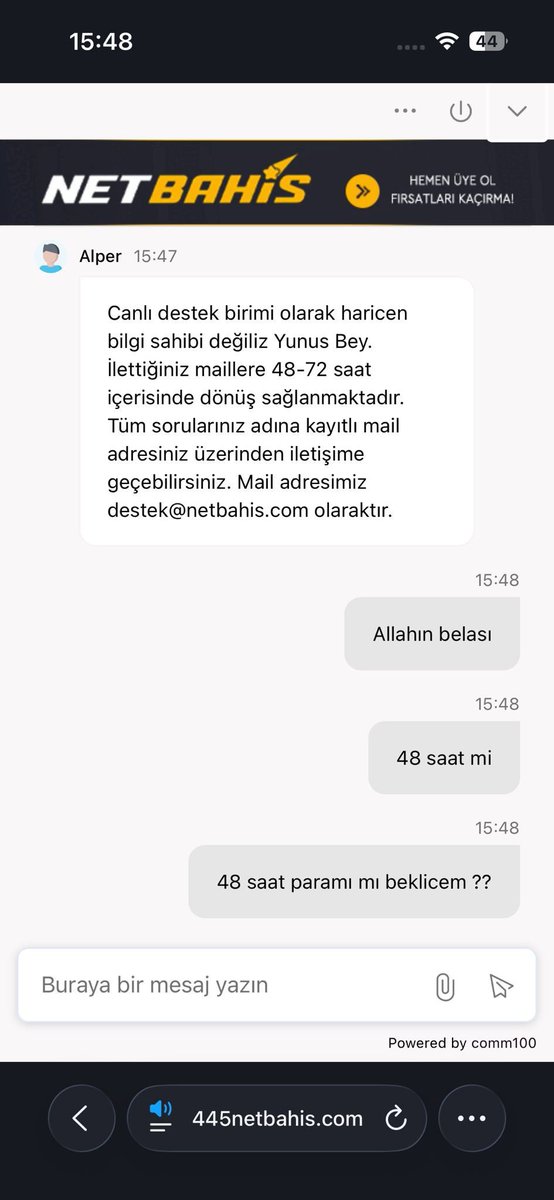 sefacaglann's tweet photo. Gelen şikayet mesajı ‼️ 

#Netbahis’e 800 TL yatırım yaptım.

 Rulet oynayarak bakiyemi yaklaşık 25.000 TL’ye çıkardım ve çekim talebi oluşturdum.

Müşteri hizmetleri, çekim işlemi için mail göndermemi istedi. 

Maili gönderdim ve 48/72 saat içerisinde dönüş yapılacağı söylendi.
20.08.2026’dan bu yana her gün mail atmama rağmen tarafıma hiçbir şekilde geri dönüş yapılmadı.

Bu site dolandırıcıdır kimse tuzaklarına düşmesin.

⚠️ Yasa dışı bahis suçtur, suça ortak olmayın.

💬 Para cekme, hesap, bonus veya müşteri hizmetleriyle ilgili sorunlar için. 

📢 Şikayetinizi Gelbaba’da paylaşın. Siteye ulaşın, çözüm sürecini başlatın.

🔗 https://t.co/fztdKqOkt2
